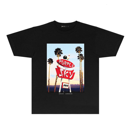 Purple Palm Tree Billboard Graphic T-Shirt Short Sleeve Casual Streetwear Tee PUR081