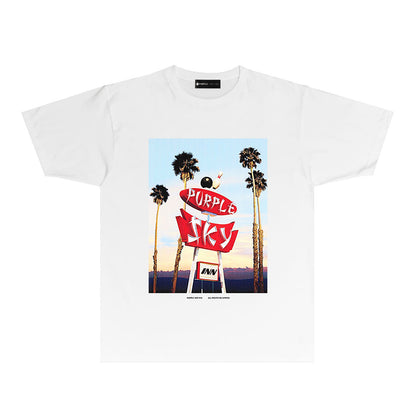 Purple Palm Tree Billboard Graphic T-Shirt Short Sleeve Casual Streetwear Tee PUR081