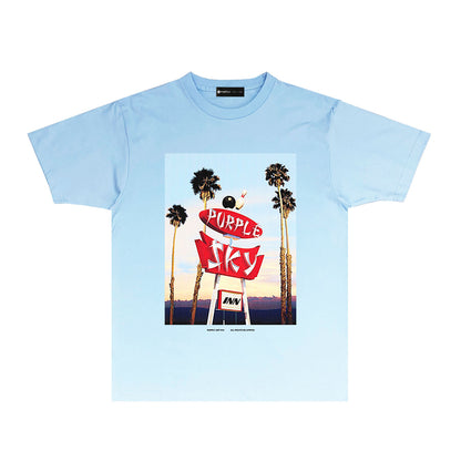 Purple Palm Tree Billboard Graphic T-Shirt Short Sleeve Casual Streetwear Tee PUR081
