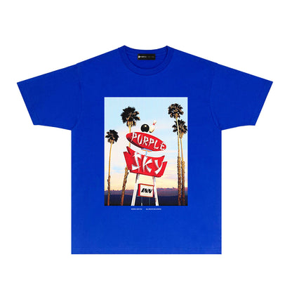 Purple Palm Tree Billboard Graphic T-Shirt Short Sleeve Casual Streetwear Tee PUR081