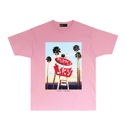 Purple Palm Tree Billboard Graphic T-Shirt Short Sleeve Casual Streetwear Tee PUR081