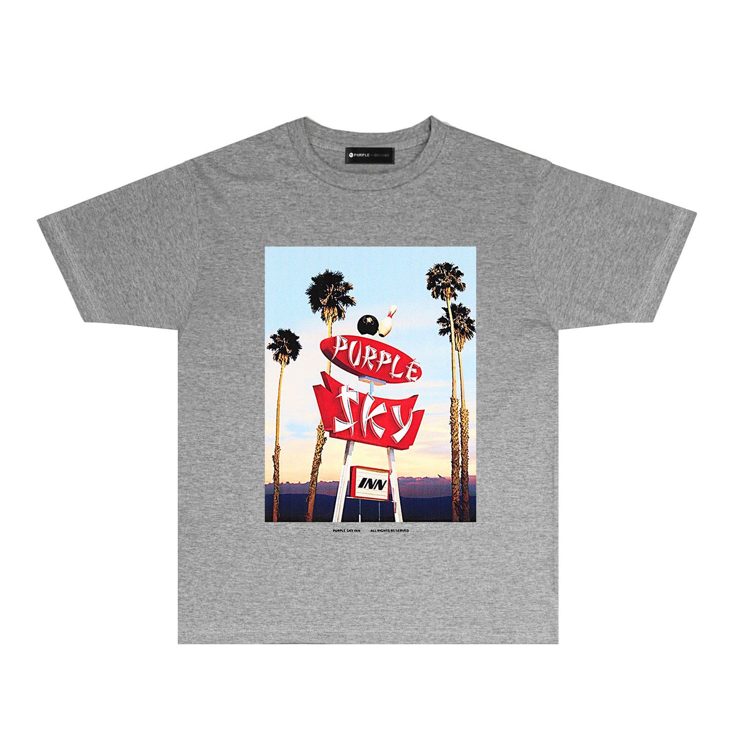 Purple Palm Tree Billboard Graphic T-Shirt Short Sleeve Casual Streetwear Tee PUR081