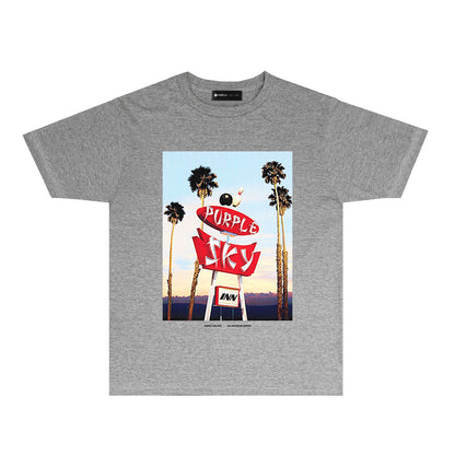 Purple Palm Tree Billboard Graphic T-Shirt Short Sleeve Casual Streetwear Tee PUR081