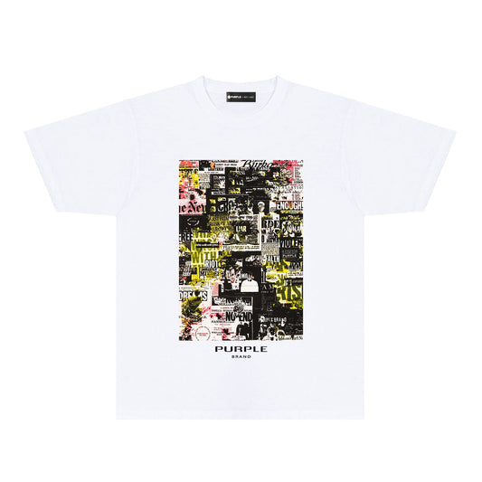 Purple Modern Newspaper Graphic T-Shirt Short Sleeve Casual Streetwear Tee PUR122