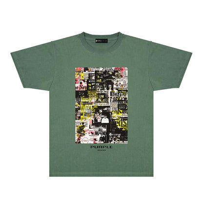 Purple Modern Newspaper Graphic T-Shirt Short Sleeve Casual Streetwear Tee PUR122