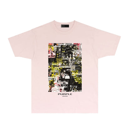 Purple Modern Newspaper Graphic T-Shirt Short Sleeve Casual Streetwear Tee PUR122