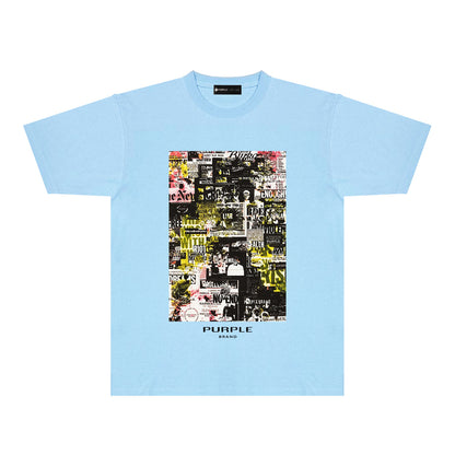 Purple Modern Newspaper Graphic T-Shirt Short Sleeve Casual Streetwear Tee PUR122