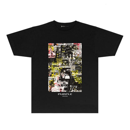 Purple Modern Newspaper Graphic T-Shirt Short Sleeve Casual Streetwear Tee PUR122
