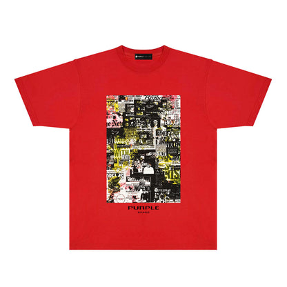 Purple Modern Newspaper Graphic T-Shirt Short Sleeve Casual Streetwear Tee PUR122