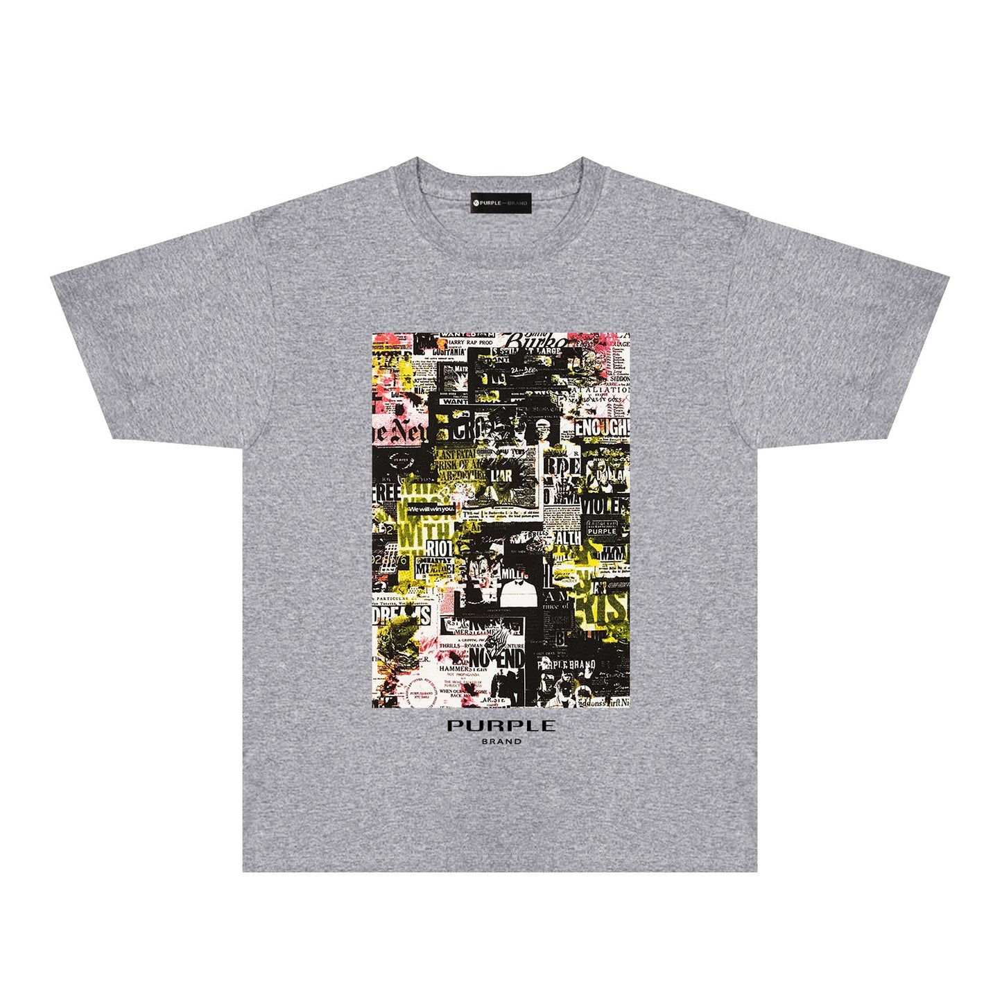 Purple Modern Newspaper Graphic T-Shirt Short Sleeve Casual Streetwear Tee PUR122