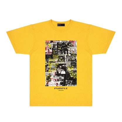 Purple Modern Newspaper Graphic T-Shirt Short Sleeve Casual Streetwear Tee PUR122