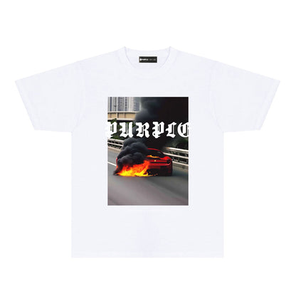 Purple Burning Car Graphic T-Shirt Short Sleeve Casual Streetwear Tee PUR150