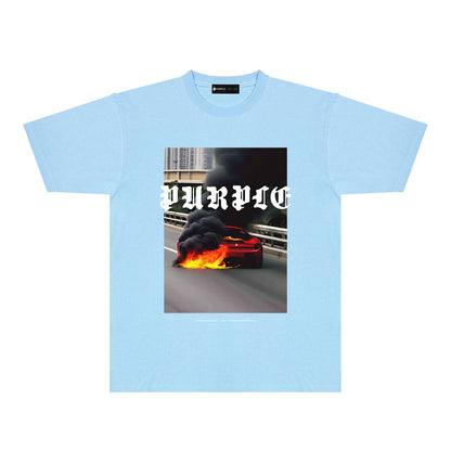 Purple Burning Car Graphic T-Shirt Short Sleeve Casual Streetwear Tee PUR150