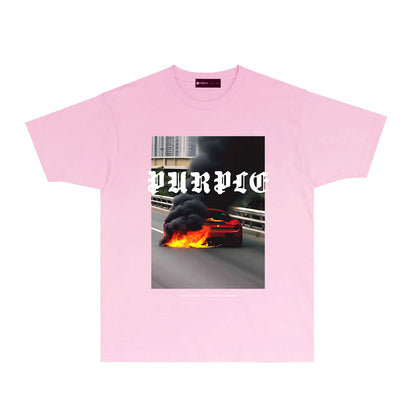 Purple Burning Car Graphic T-Shirt Short Sleeve Casual Streetwear Tee PUR150