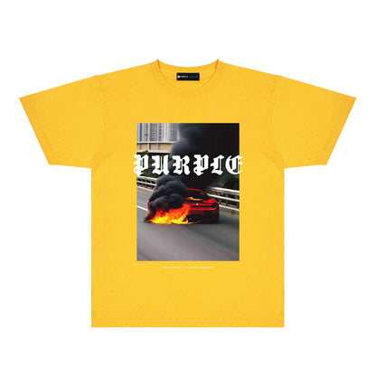 Purple Burning Car Graphic T-Shirt Short Sleeve Casual Streetwear Tee PUR150