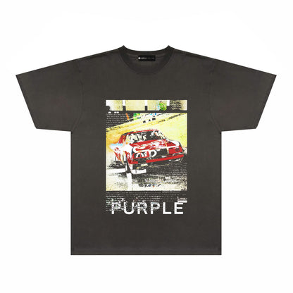 Purple Distressed Car Graphic T-Shirt Short Sleeve Casual Streetwear Tee PUR182