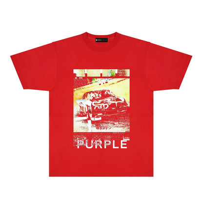 Purple Distressed Car Graphic T-Shirt Short Sleeve Casual Streetwear Tee PUR182
