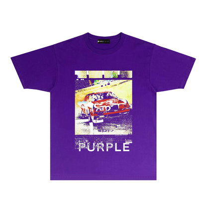 Purple Distressed Car Graphic T-Shirt Short Sleeve Casual Streetwear Tee PUR182