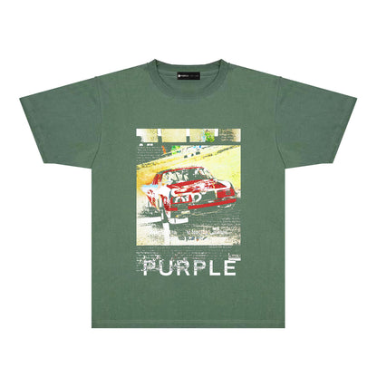 Purple Distressed Car Graphic T-Shirt Short Sleeve Casual Streetwear Tee PUR182