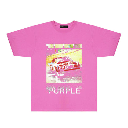 Purple Distressed Car Graphic T-Shirt Short Sleeve Casual Streetwear Tee PUR182