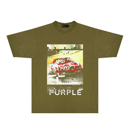 Purple Distressed Car Graphic T-Shirt Short Sleeve Casual Streetwear Tee PUR182