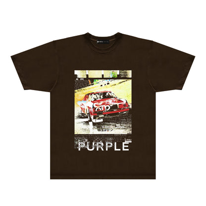 Purple Distressed Car Graphic T-Shirt Short Sleeve Casual Streetwear Tee PUR182